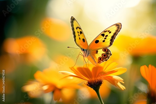 Beautiful cute yellow butterfly on orange flower in nature outdoors in spring summer on bright sunny day, macro. Beautiful blurry bokeh, Generative AI