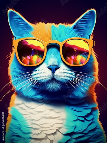 Multicolored colorful fantasy cute cat in sunglasses. AI generated, Generative AI © Picture Perfection