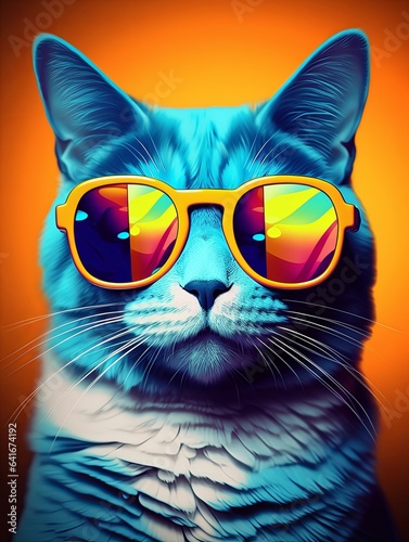 Multicolored colorful fantasy cute cat in sunglasses. AI generated, Generative AI © Picture Perfection