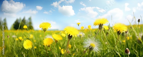 Many yellow dandelion flowers on meadow in nature in summer close-up macro against a blue sky with clouds. Bright summer landscape panorama, colorful artistic image, ultra wide banner, Generative AI