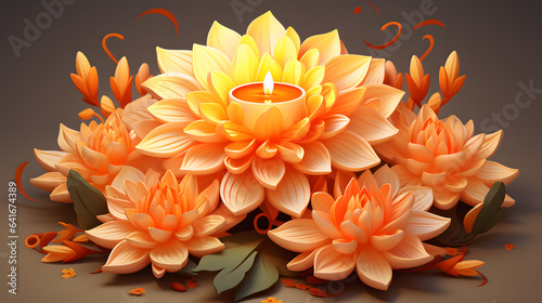 Happy Diwali background with orange flowers and candle. Vector illustration.