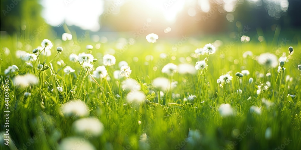 Summer spring  beautiful natural scenery. Blooming lush green grass in meadow outdoors. Small fluffy flowers in grass on nature, close-up, Generative AI