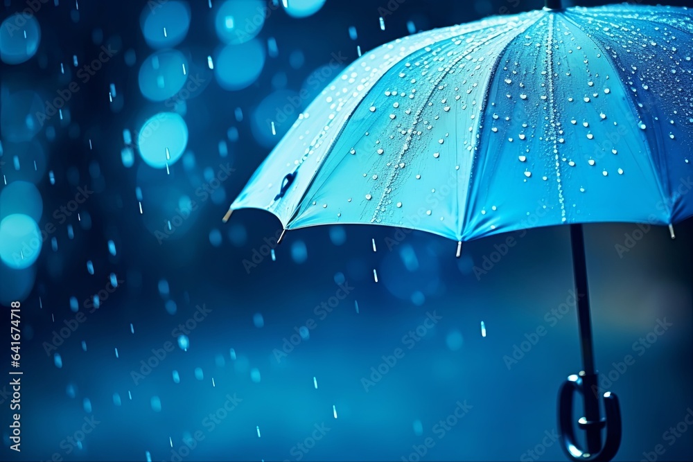 Beautiful blue umbrella close-up against the background of rain. AI generated, Generative AI