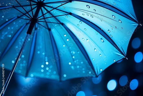 Beautiful blue umbrella close-up against the background of rain. AI generated  Generative AI
