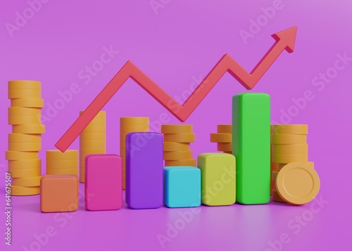 3D graph icon for business new idea increase in money financial business on purple background. 3d icon render illustration