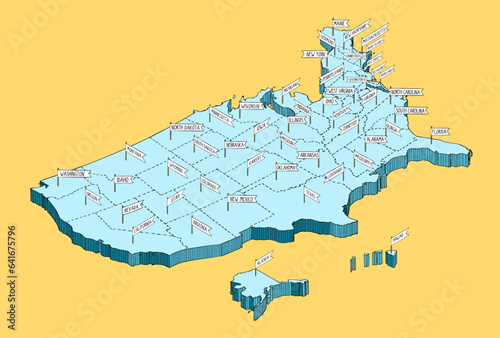 Isometric hand drawn map of the USA. 3D Line and color vector. 50 states with labels