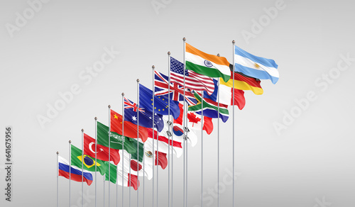20 flags. G20 summit is the upcoming eighteenth meeting of Group of Twenty, New Delhi, India in 2023. Grey background. 3d Illustration.