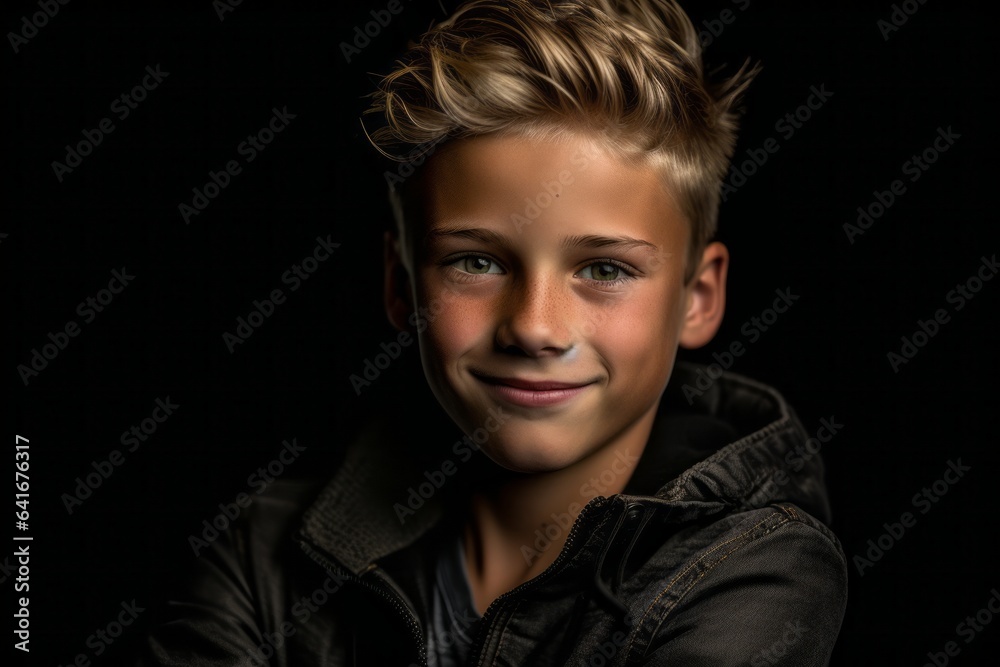 Close-up portrait photography of a grinning boy in his 30s crossing the arms against a matte black background. With generative AI technology Close-up portrait photography of a grinning boy in his 30s crossing the arms against a matte black background. With generative AI technology