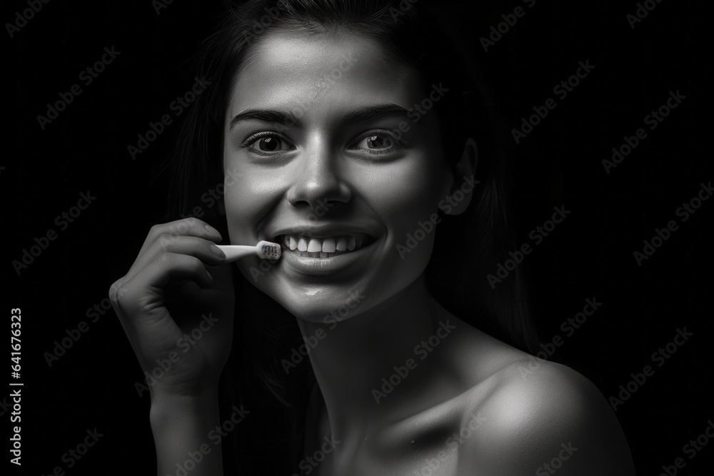 Obraz premium Close-up portrait photography of a glad girl in her 30s brushing her teeth with a toothbrush against a matte black background. With generative AI technology