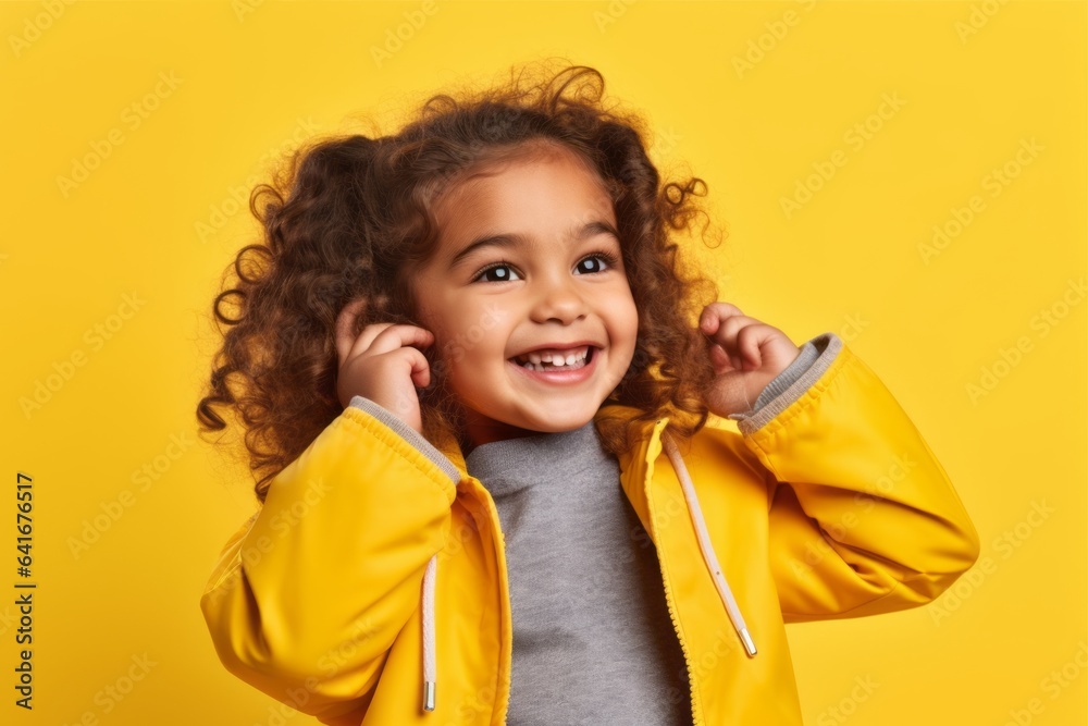 Close-up portrait photography of a satisfied kid female making a telephone call gesture with the hand against a bright yellow background. With generative AI technology Close-up portrait photography of a satisfied kid female making a telephone call gesture with the hand against a bright yellow background. With generative AI technology