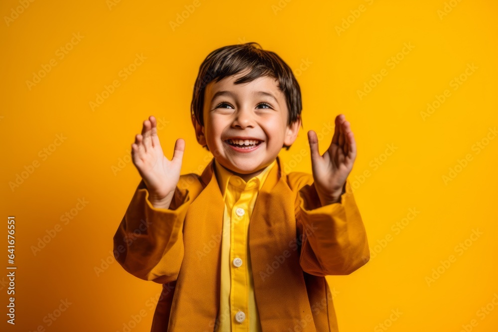 Lifestyle portrait photography of a grinning kid male joining palms in a gesture of gratitude against a bright yellow background. With generative AI technology