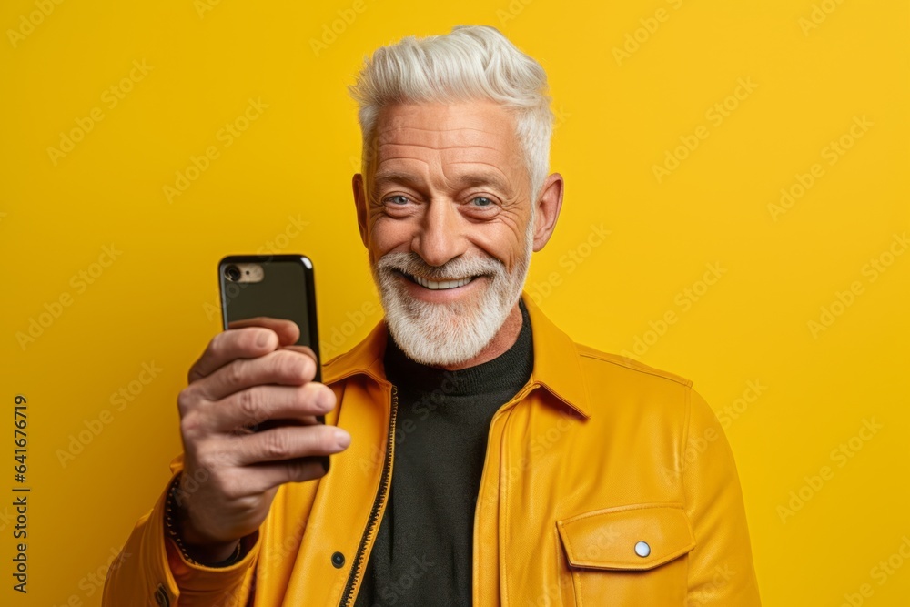 Φωτογραφία Lifestyle portrait photography of a grinning mature man taking a selfie with his mobile against a bright yellow background