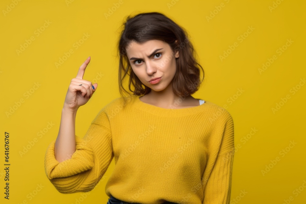 Close-up portrait photography of a glad girl in her 20s showing a thumb down against a bright yellow background. With generative AI technology Close-up portrait photography of a glad girl in her 20s showing a thumb down against a bright yellow background. With generative AI technology