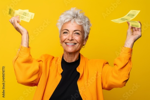 Foto Headshot portrait photography of a satisfied mature woman making a money gesture rubbing the fingers against a bright yellow background