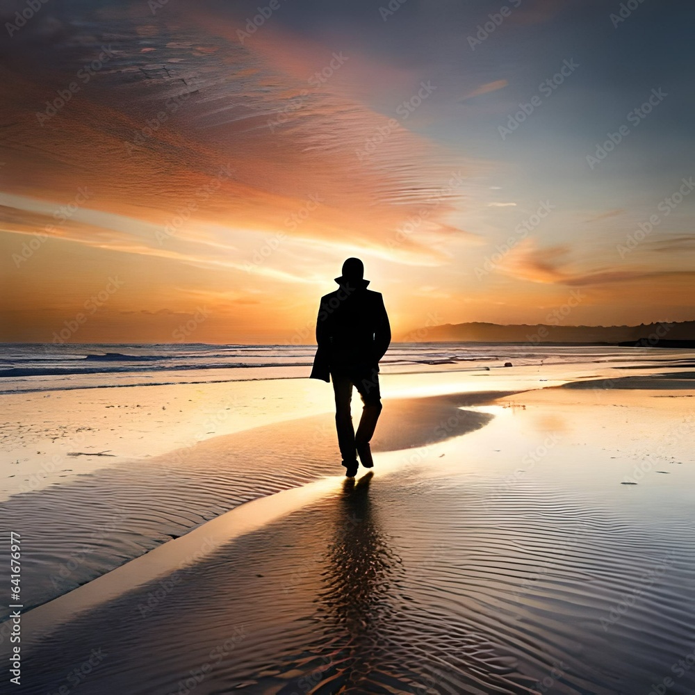 Silhouette of the person walking on the beach at sunset, Generative AI 