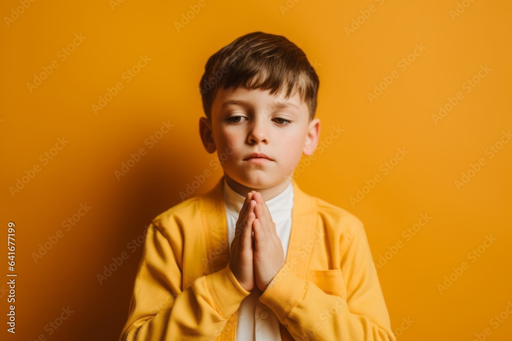 Close-up portrait photography of a tender boy in his 30s putting hands together as if praying against a pastel yellow background. With generative AI technology Close-up portrait photography of a tender boy in his 30s putting hands together as if praying against a pastel yellow background. With generative AI technology