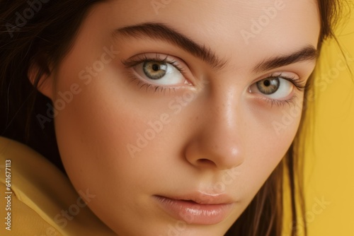 Close-up portrait photography of a tender girl in her 30s covering one eye against a pastel yellow background. With generative AI technology