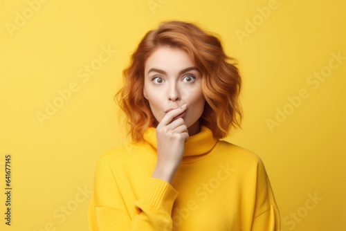 Close-up portrait photography of a beautiful girl in her 30s covering his mouth against a pastel yellow background. With generative AI technology