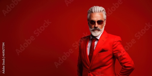 Close-up portrait of a stylish grey haired middle aged man in sunglasses in a red suit. Photo with copy space on dark red background.