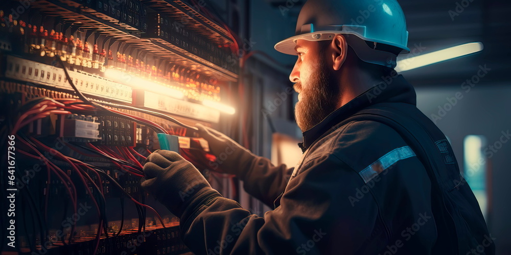 electrician working on a complex electrical panel, ensuring the proper functioning of a power system. electrician working on a complex electrical panel, ensuring the proper functioning of a power system.