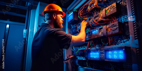 electrician working on a complex electrical panel, ensuring the proper functioning of a power system.