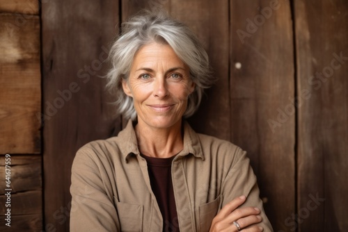 Close-up portrait photography of a beautiful mature woman pointing empty space against a rustic brown background. With generative AI technology