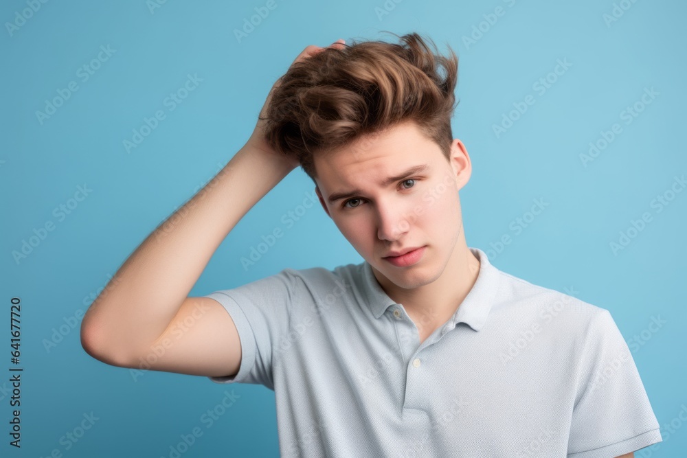 Lifestyle portrait photography of a beautiful boy in his 30s scratching head in gesture of confusion against a soft blue background. With generative AI technology Lifestyle portrait photography of a beautiful boy in his 30s scratching head in gesture of confusion against a soft blue background. With generative AI technology