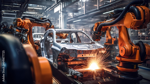 Robot arms welding cars in a car factory