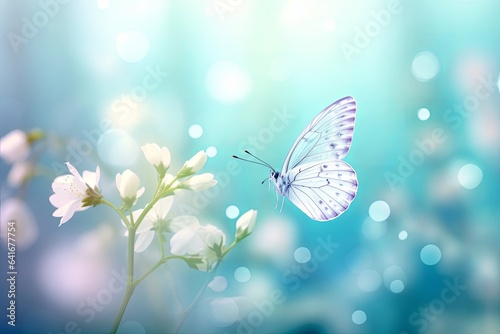 Beautiful white butterfly on white flower buds on a soft blurred blue background spring or summer in nature. Gentle romantic dreamy artistic image, beautiful round, Generative AI