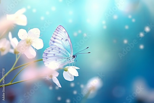 Beautiful white butterfly on white flower buds on a soft blurred blue background spring or summer in nature. Gentle romantic dreamy artistic image, beautiful round, Generative AI © Picture Perfection