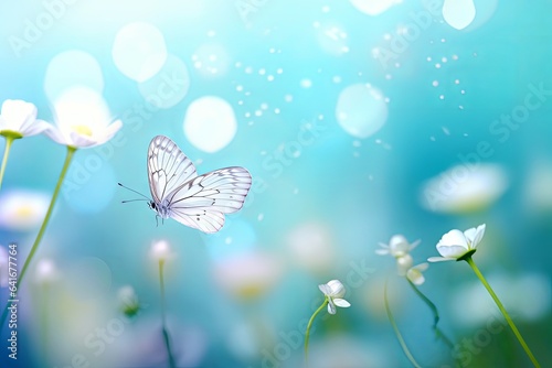 Beautiful white butterfly on white flower buds on a soft blurred blue background spring or summer in nature. Gentle romantic dreamy artistic image, beautiful round, Generative AI