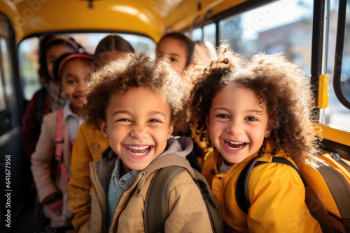A group of students excitedly gather around a colorful school bus ready to embark on their educational journey 