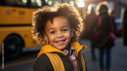 A young child eagerly stands in front of a school bus ready to embark on a new adventure filled with learning and friendships 