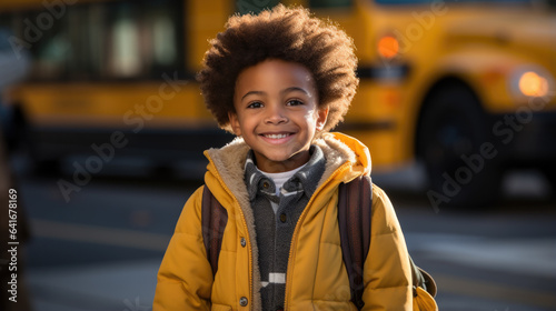 A young child eagerly stands in front of a school bus ready to embark on a new adventure filled with learning and friendships 