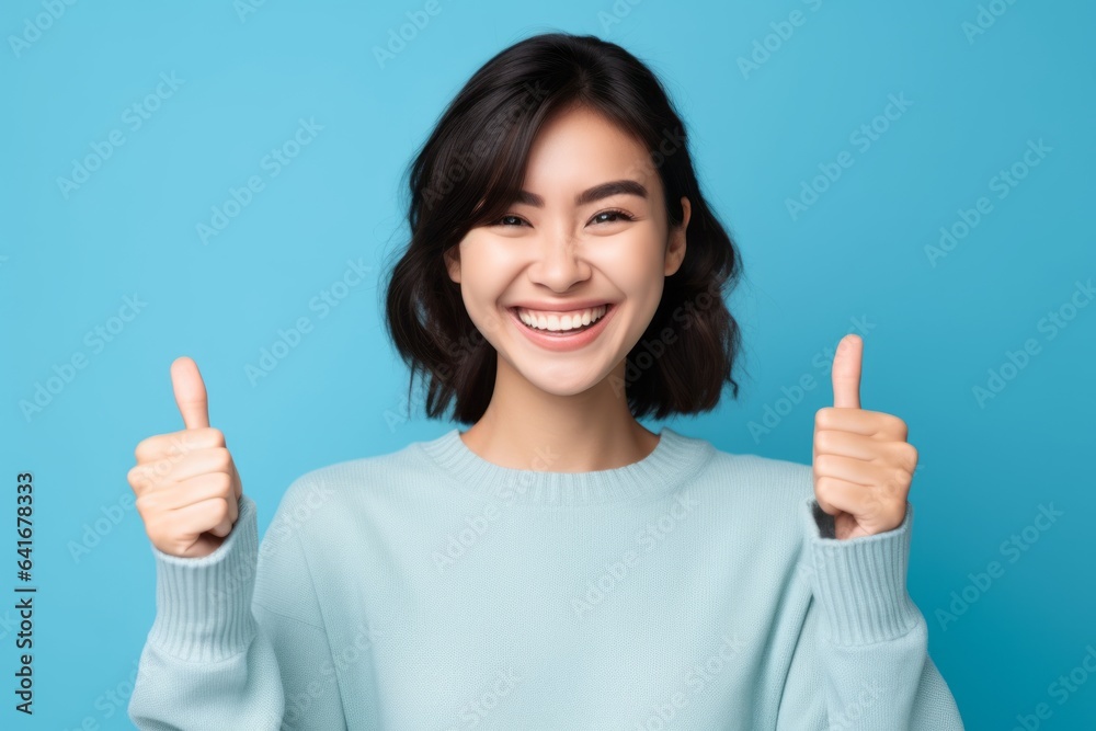 Close-up portrait photography of a grinning girl in her 20s raising both thumbs up against a soft blue background. With generative AI technology Close-up portrait photography of a grinning girl in her 20s raising both thumbs up against a soft blue background. With generative AI technology