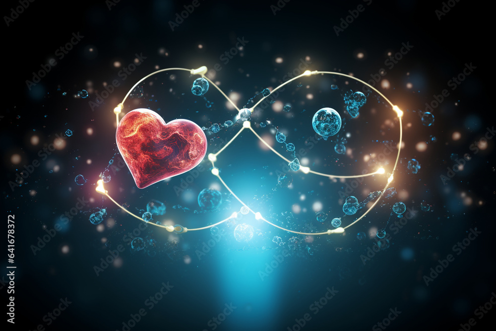 Visualization of the exchange of atoms and molecules in a chemical reaction, symbolizing the transformative power of love's influence, love and creation - obrazy, fototapety, plakaty 