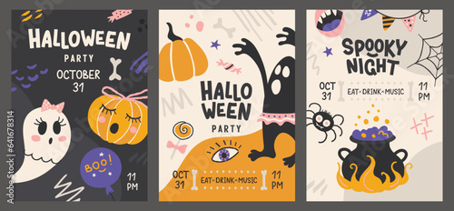 Happy Halloween. Set of vector cards with hand drawn elements. Cards or invitations with funny pumpkin, ghost, spider, cauldron, web and more.