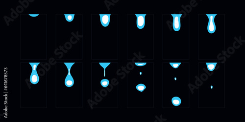 Water drooping animation. 2d cartoon water drooping frame. Raindrop classic animated effect.