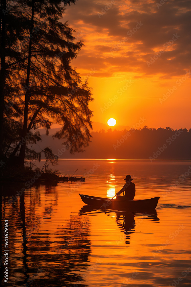 A breathtaking autumn sunset over a serene lake with a lone fisherman in silhouette background with empty space for text 