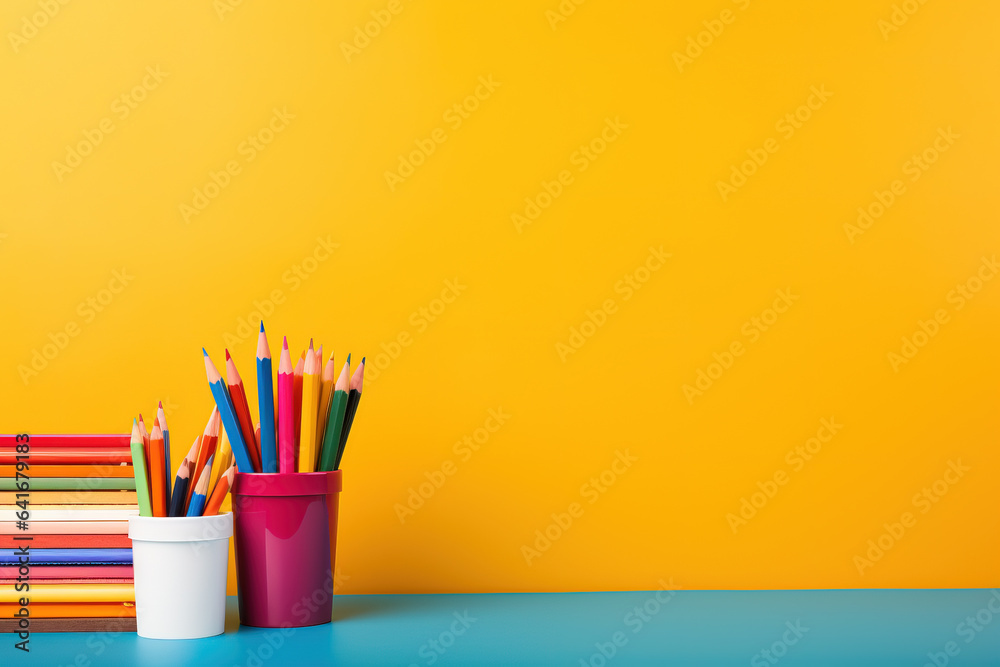 A brightly colored pencil case surrounded by school supplies background with empty space for text 