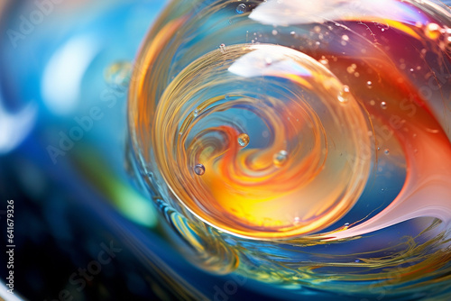 Macro image of swirling patterns in a soap bubble, showcasing the delicate and transient metamorphosis of molecular interactions, love and creation