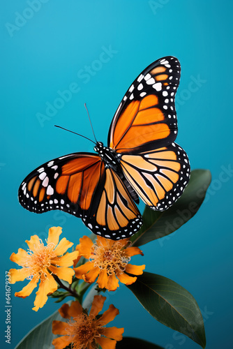 A close-up shot of a single Monarch butterfly perched on a blooming flower background with empty space for text 