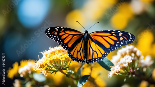 A close-up shot of a single Monarch butterfly perched on a blooming flower background with empty space for text  © fotogurmespb