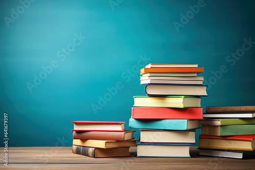 A colorful stack of textbooks on a desk background with empty space for text representing back-to-school themes  photo