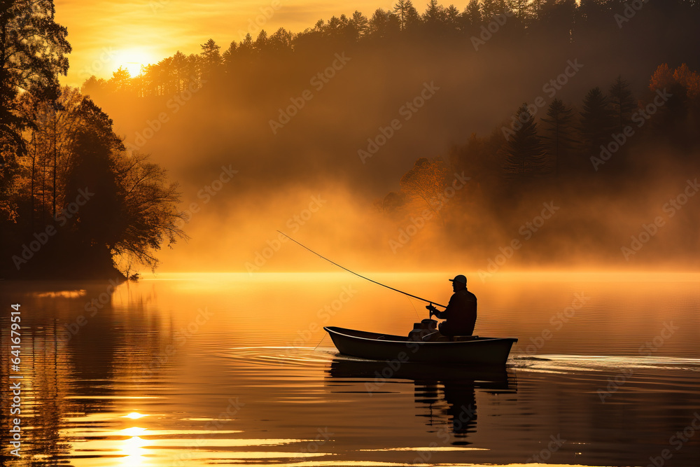 A lone fisherman casts his line into the serene waters basking in the warm hues of a golden autumn sunset 