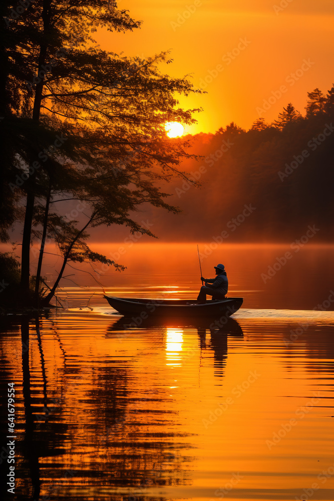 A peaceful silhouette of a fisherman casting a line against a magnificent autumn sunset over calm lakes 