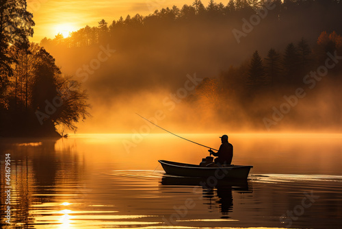A lone fisherman casts his line into the serene waters basking in the warm hues of a golden autumn sunset 