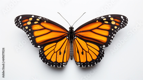 A majestic monarch butterfly in mid-flight symbolizing the awe-inspiring journey of migration against a pure white backdrop 