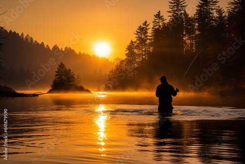 A silhouette of a fisherman casting his line into a golden-hued autumn lake as the sun sets in the background 