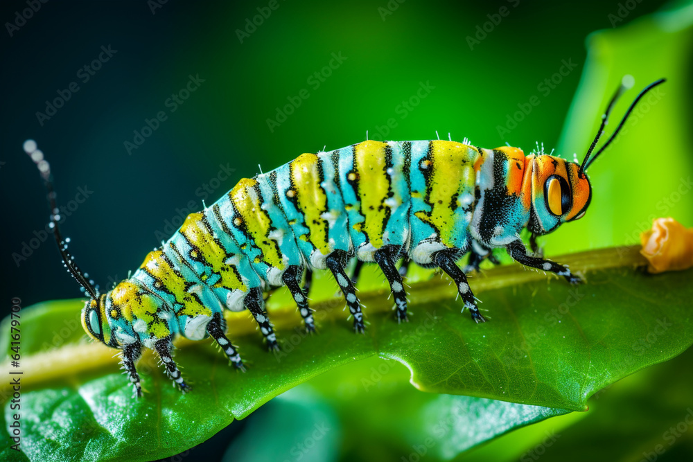 Macro photograph of the transformation of a caterpillar into a butterfly, symbolizing the miraculous metamorphosis and creation of life stages, love and creation